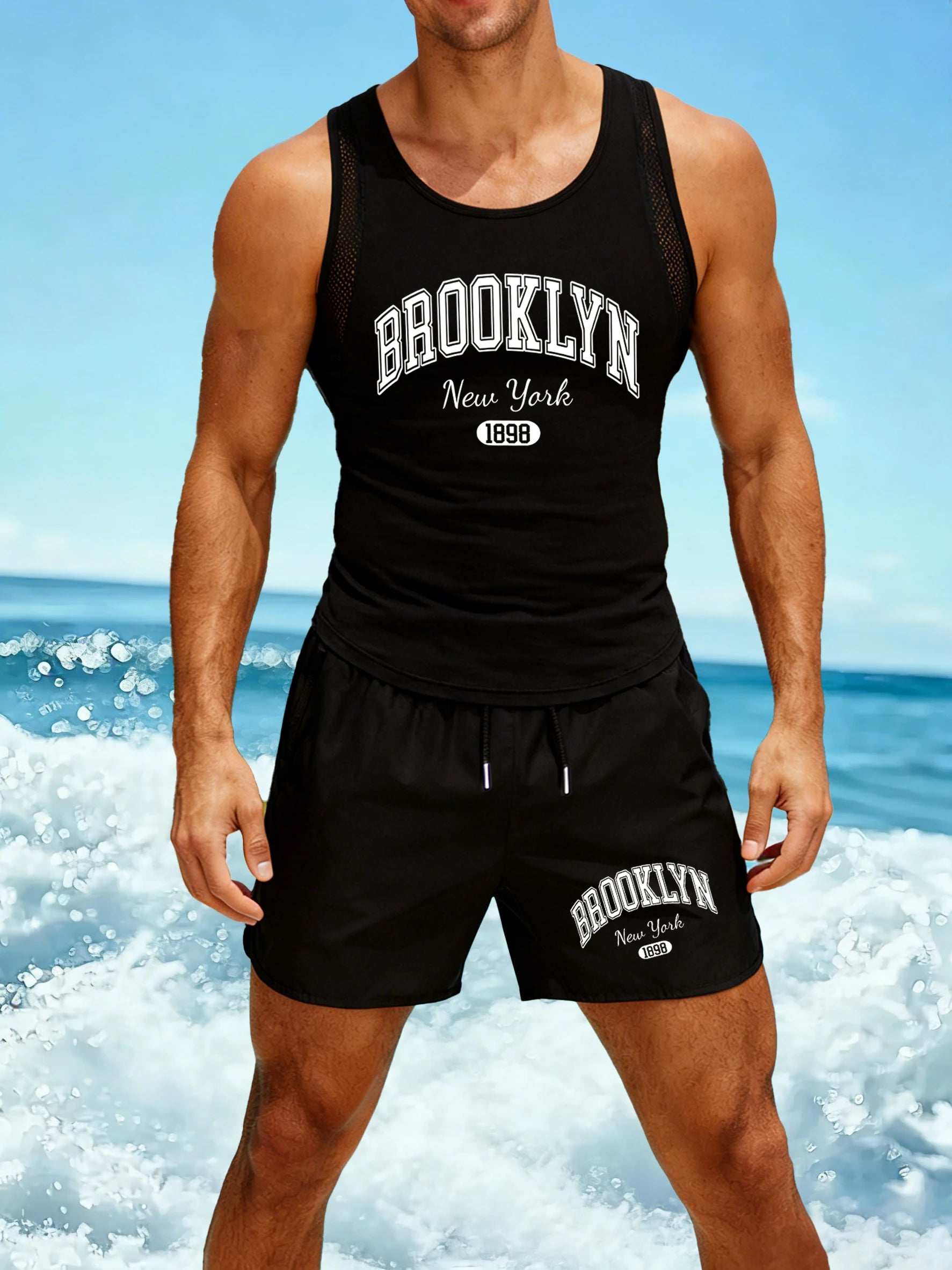 Brooklyn New York Pattern Men Reticular Vest Set Fashion Vintage Shorts Summer New Soft Basics Tank Unisex O-Neck Clothing