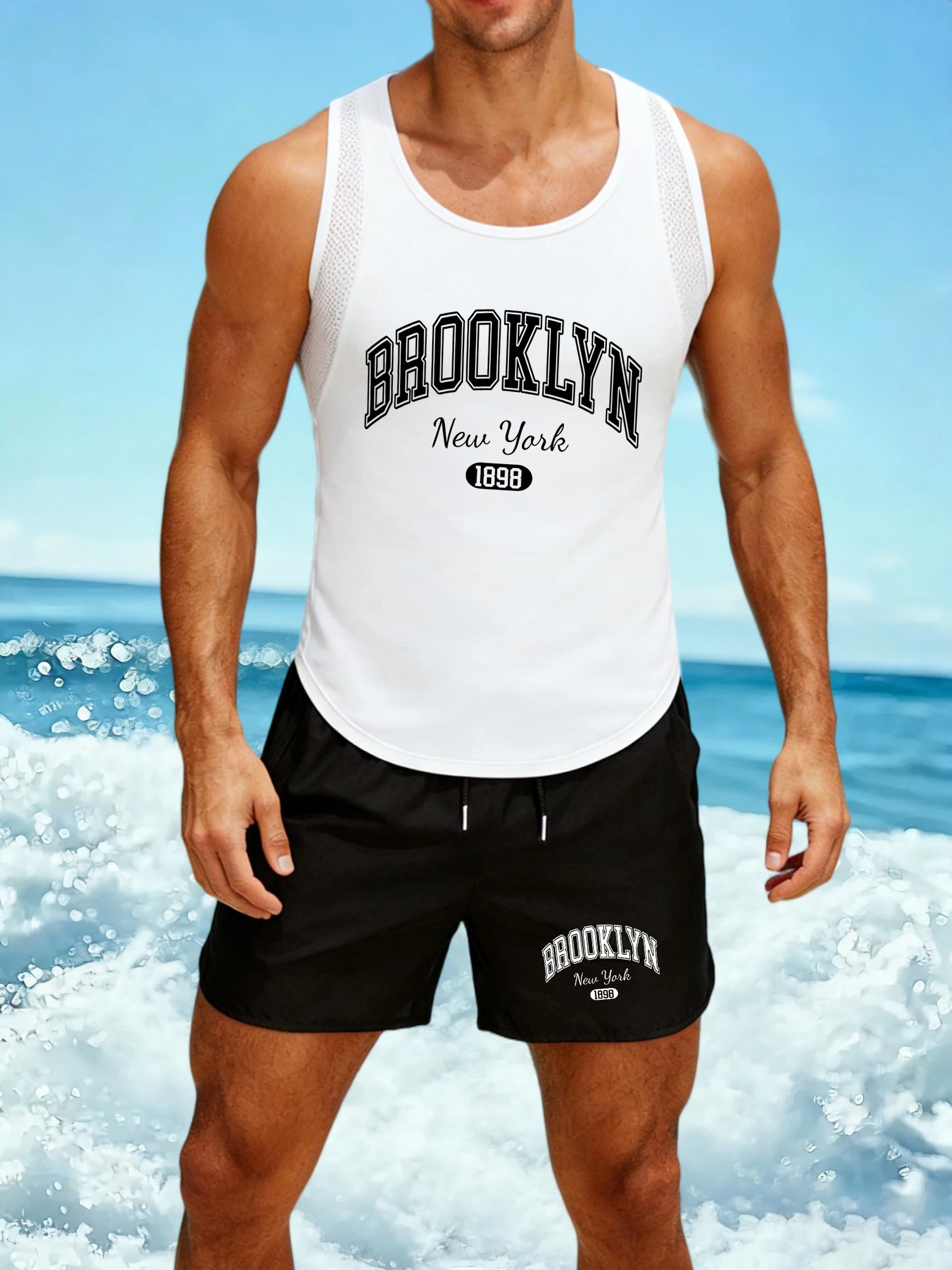 Brooklyn New York Pattern Men Reticular Vest Set Fashion Vintage Shorts Summer New Soft Basics Tank Unisex O-Neck Clothing